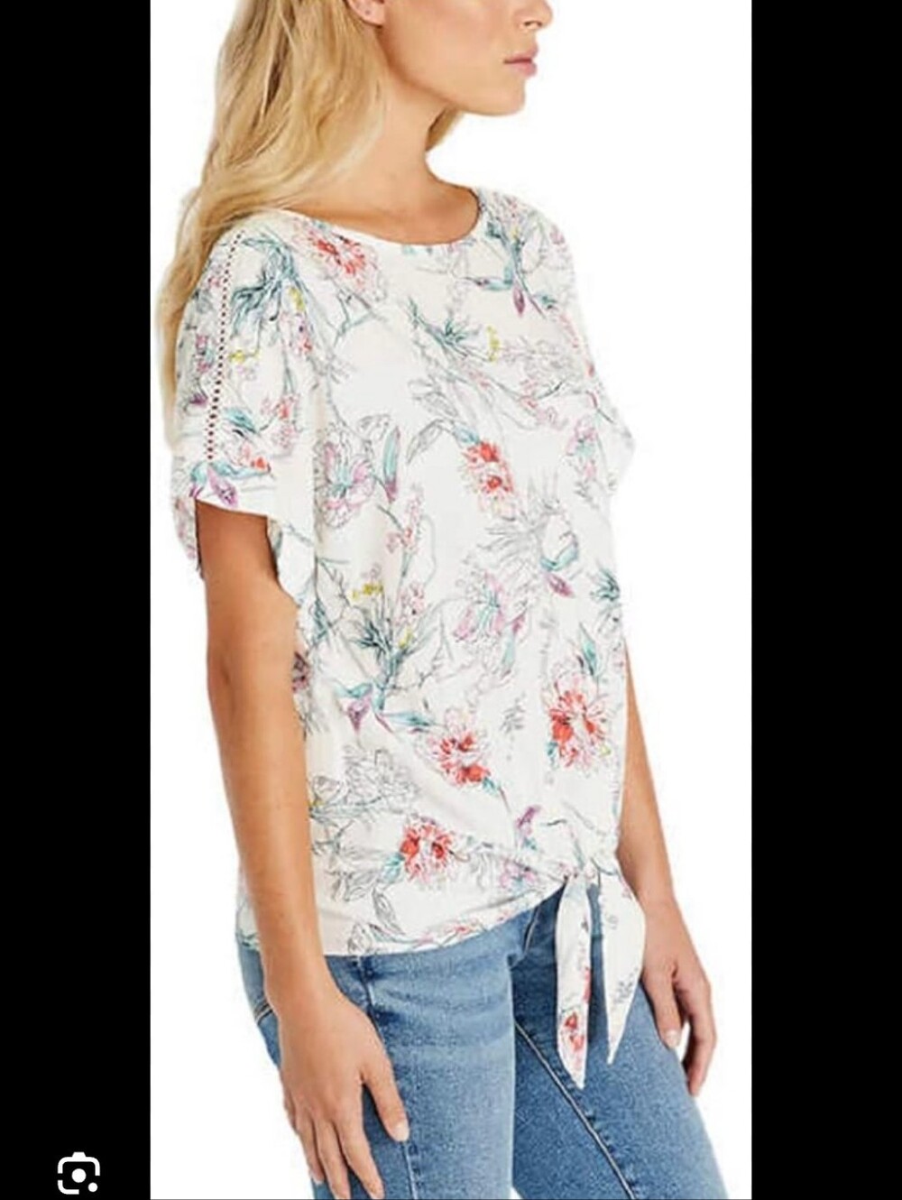 Buffalo David Bitton Cream Floral Tie-Front Tunic with Multicolor Blooms